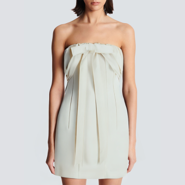 Strapless front bow tie beige short dress