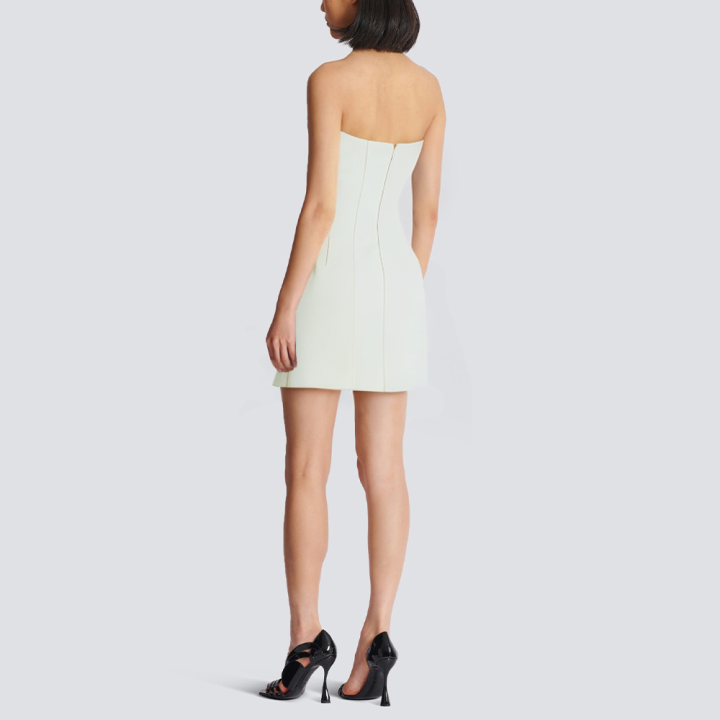 Strapless front bow tie beige short dress