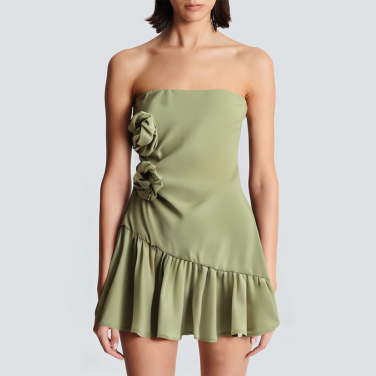 Green front flower strapless pleated short dress