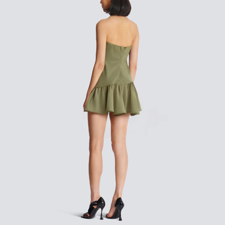 Green front flower strapless pleated short dress