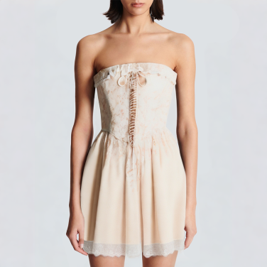 Strapless printed front tie short dress