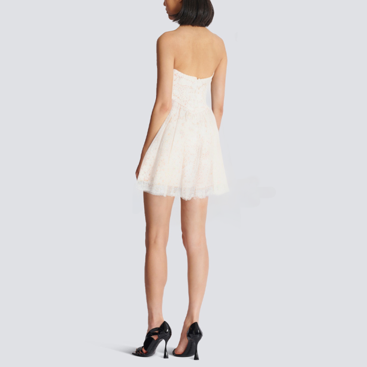 Strapless printed front tie short dress