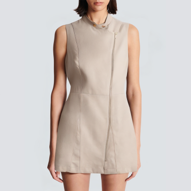 Stand collar beige zipper short dress