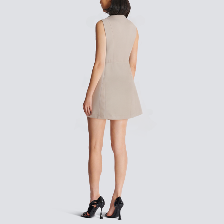 Stand collar beige zipper short dress