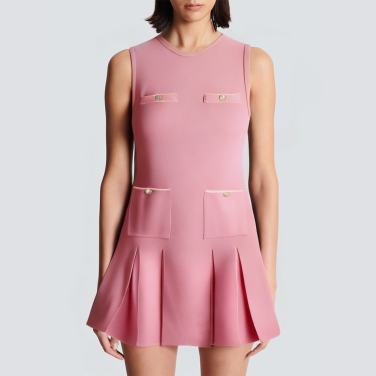 Round neck front pocket pink short dress