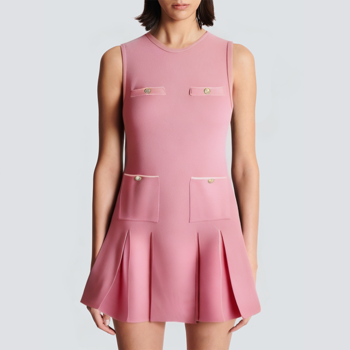 Round neck front pocket pink short dress