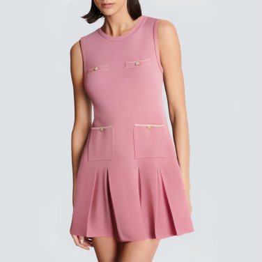 Round neck front pocket pink short dress