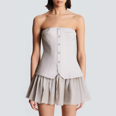 Strapless striped print button short dress
