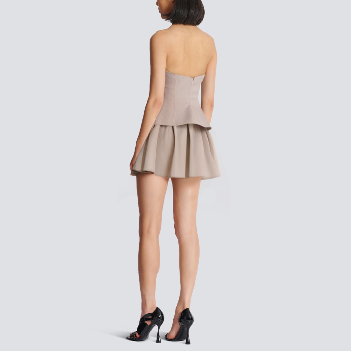 Strapless striped print button short dress
