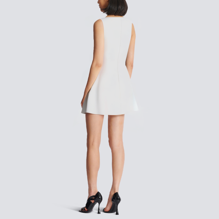 Front slit white round neck short dress