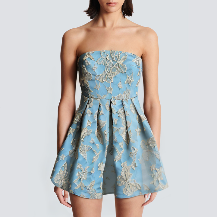 Floral pattern strapless blue short dress