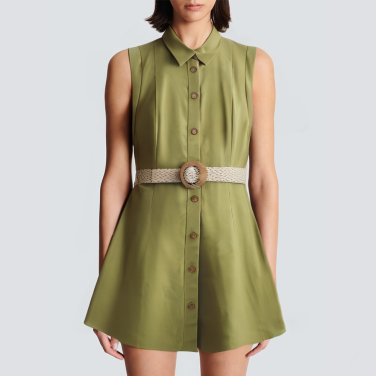 Green sleeveless belt short dress with lapel buttons
