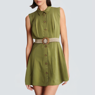 Green sleeveless belt short dress with lapel buttons