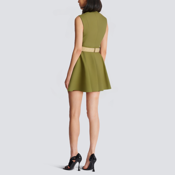 Green sleeveless belt short dress with lapel buttons