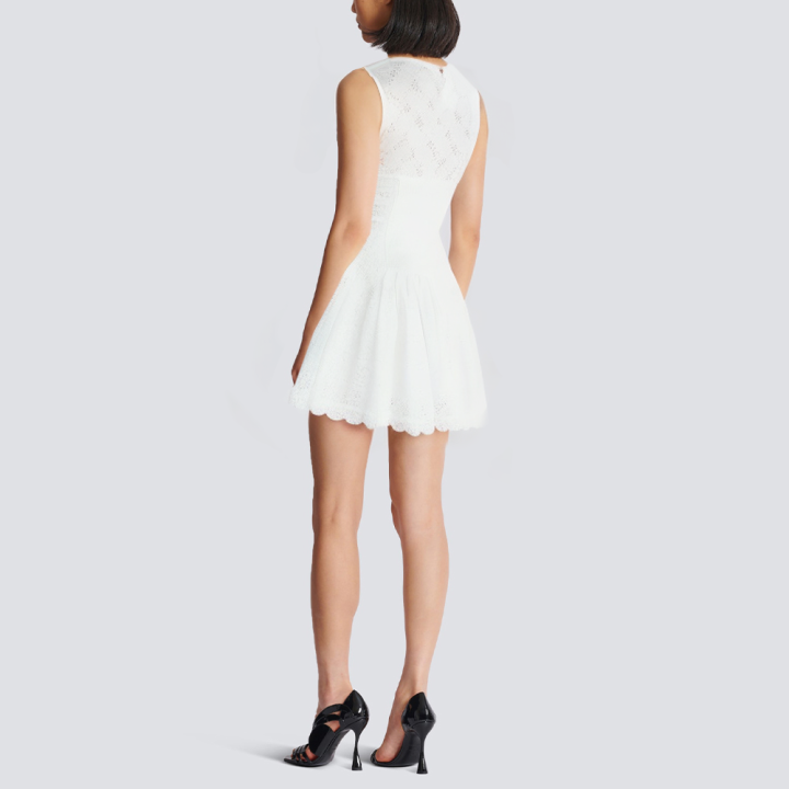 V-neck button-up white floral embroidery short dress