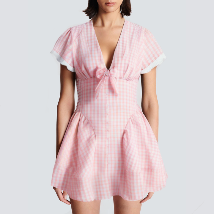 Bow tie short-sleeved plaid print short dress