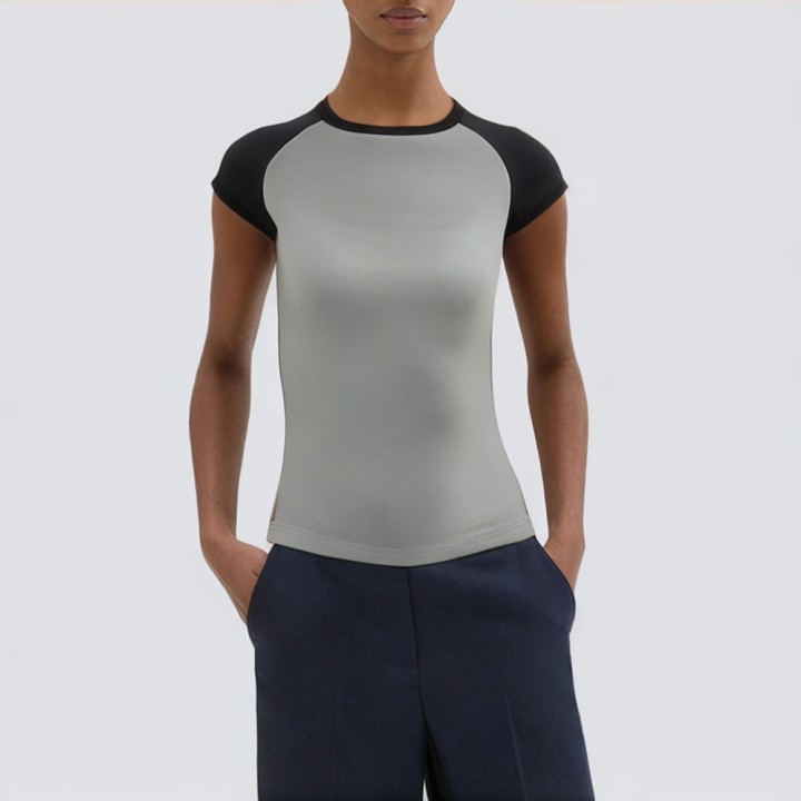 Contrast color stitching round neck short sleeve top T-shirt