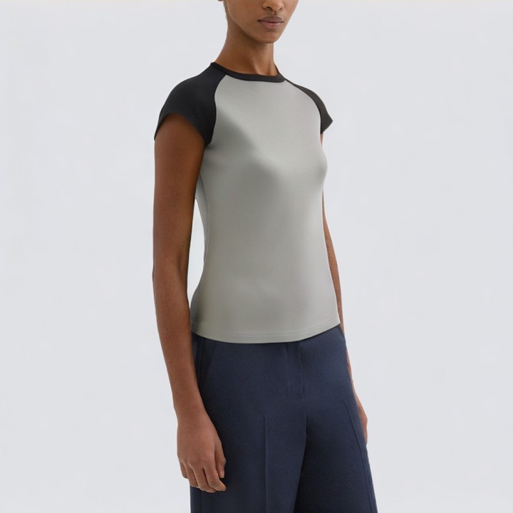 Contrast color stitching round neck short sleeve top T-shirt