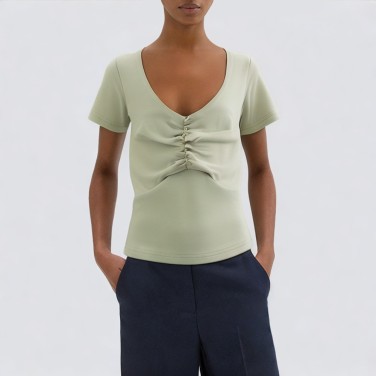Solid color square collar front pleated short sleeves