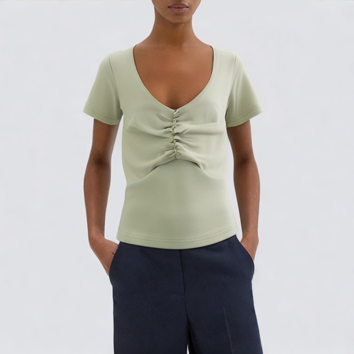 Solid color square collar front pleated short sleeves