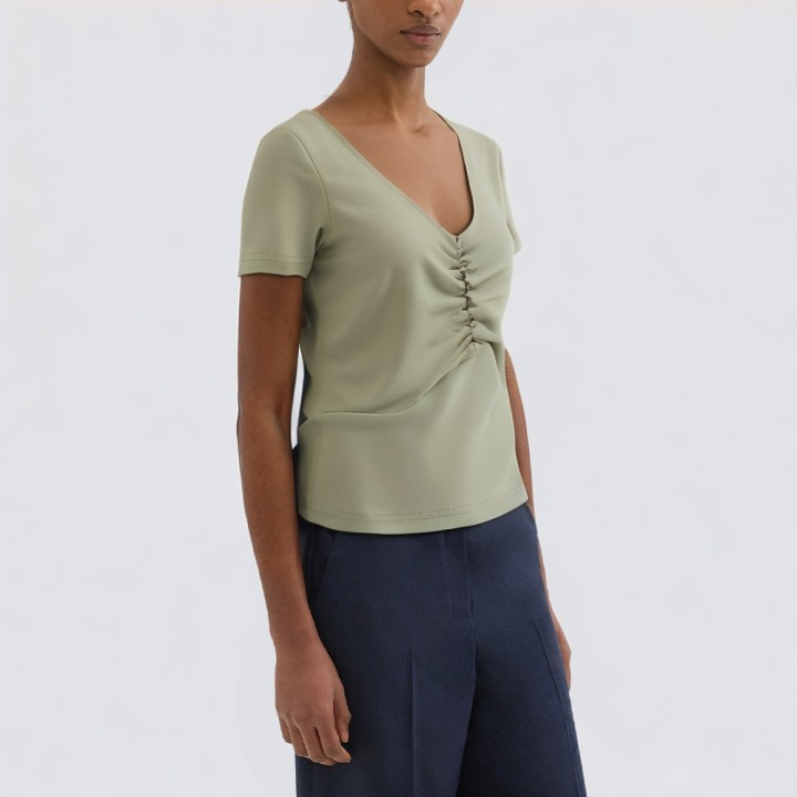 Solid color square collar front pleated short sleeves