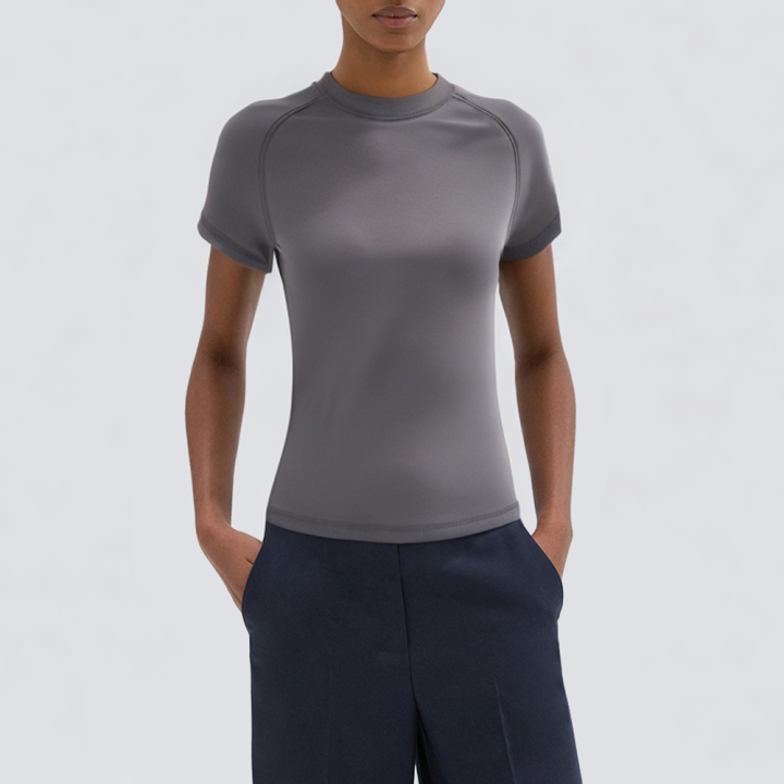 Dark grey crew neck knitted ladies short T-shirt