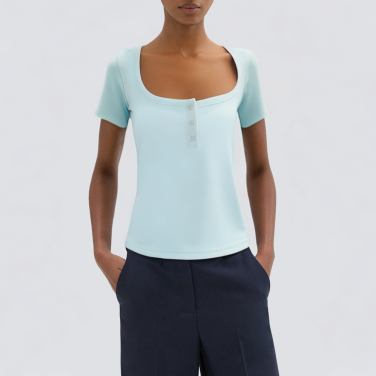 Square collar button down casual women's short T-shirt