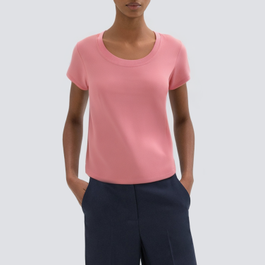 Round neck solid color knitted short sleeve ladies T-shirt