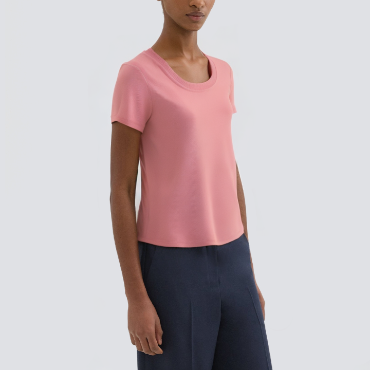 Round neck solid color knitted short sleeve ladies T-shirt
