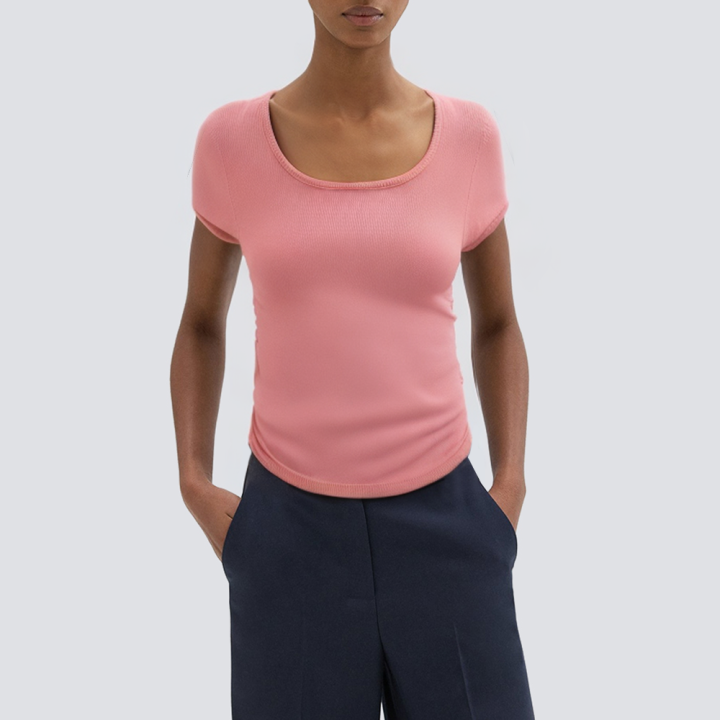 Pink round neck pleated short sleeve ladies T-shirt