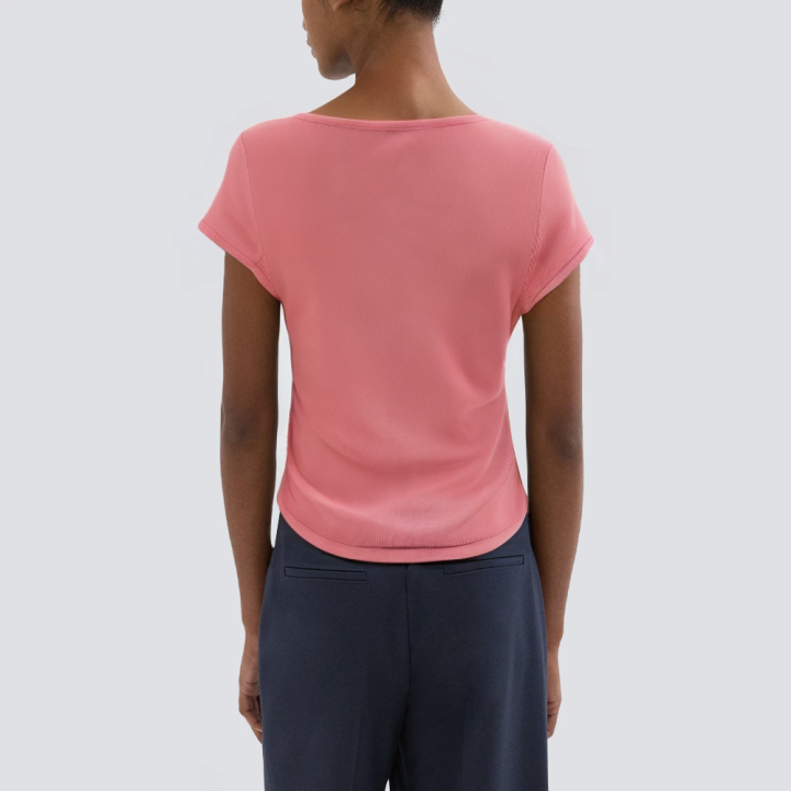 Pink round neck pleated short sleeve ladies T-shirt