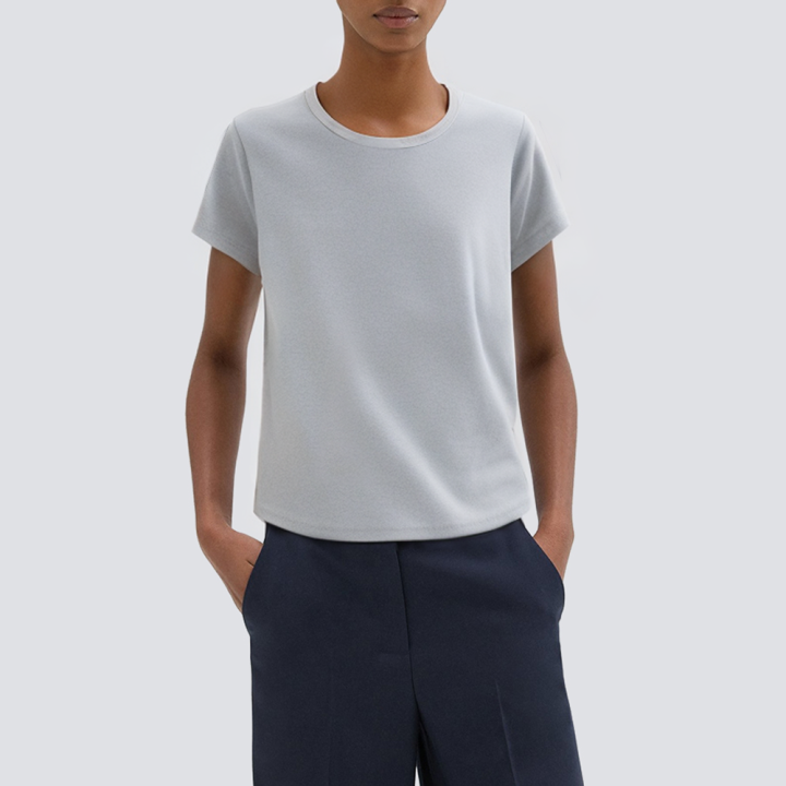 Grey knitted round neck short-sleeved women's T-shirt