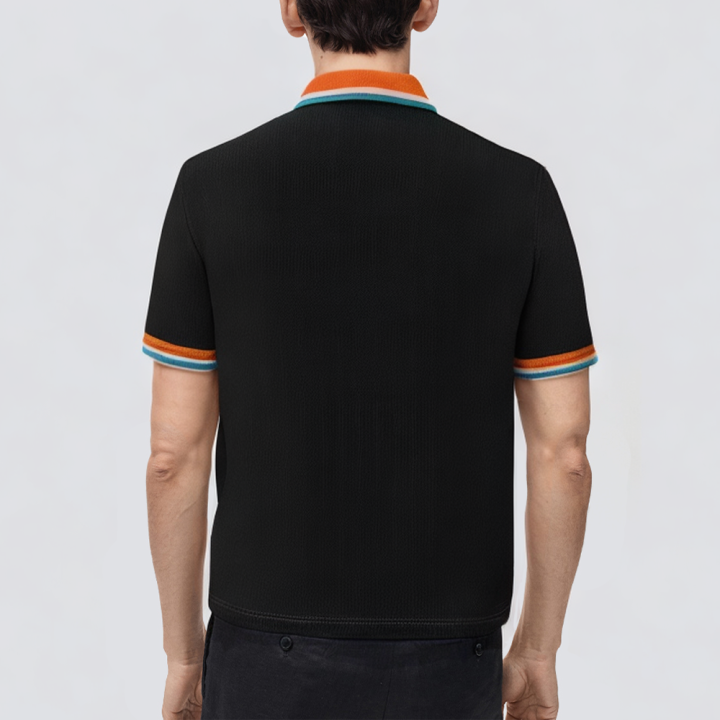 Black knitted striped short-sleeved men's polo shirt