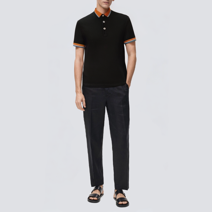 Black knitted striped short-sleeved men's polo shirt