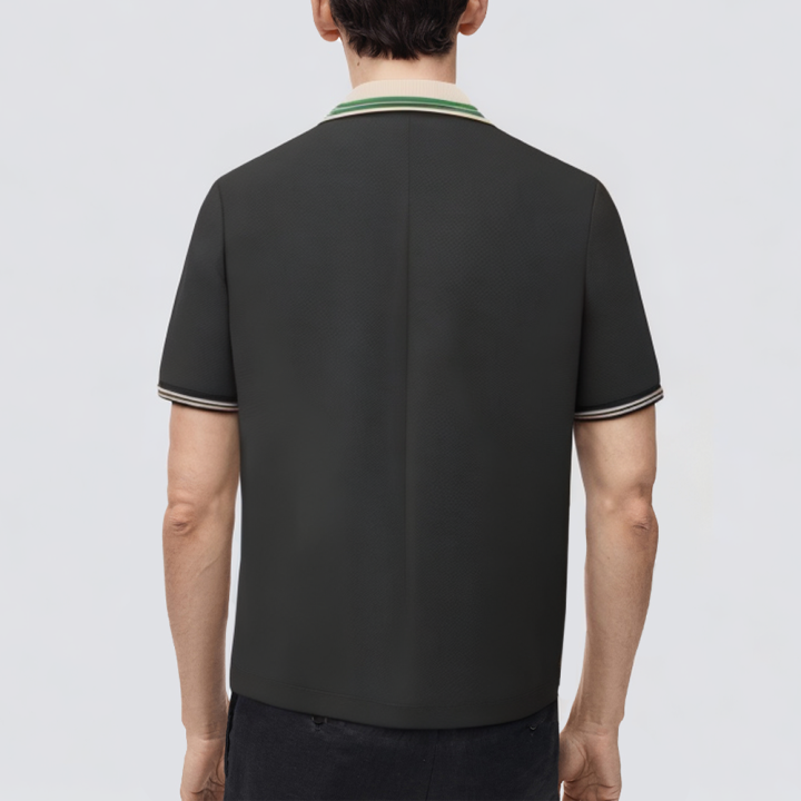 Loose black embroidered striped men's polo shirt