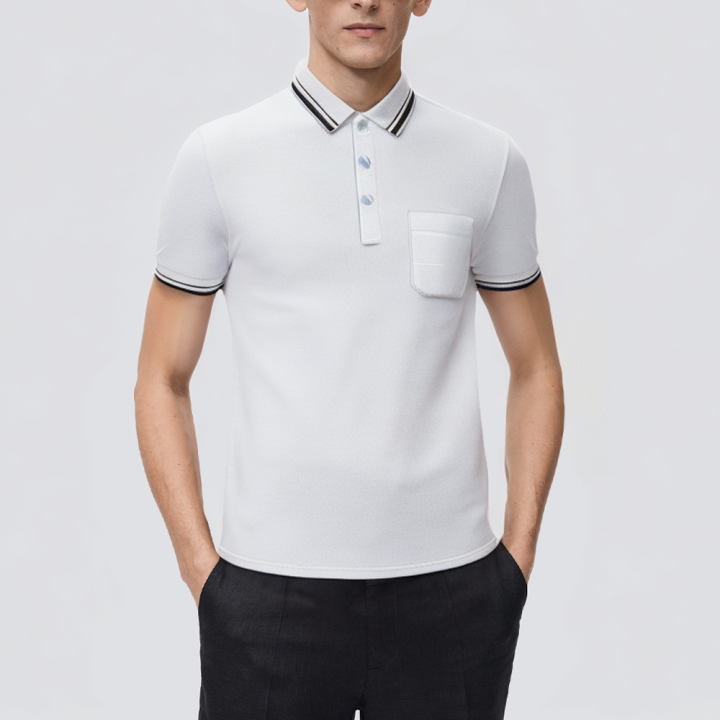 White cotton men's polo shirt with chest pocket