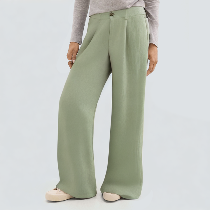 Green loose pleated casual women's trousers