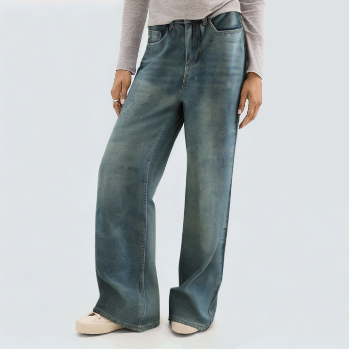Blue washed faded women's denim trousers