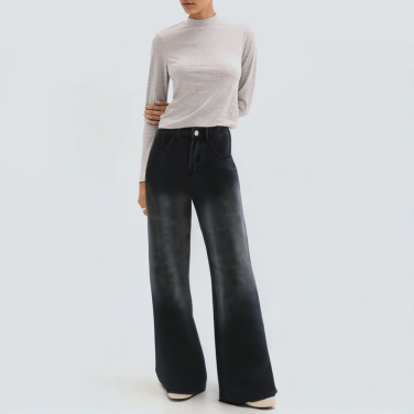 Black washed straight leg women's denim trousers