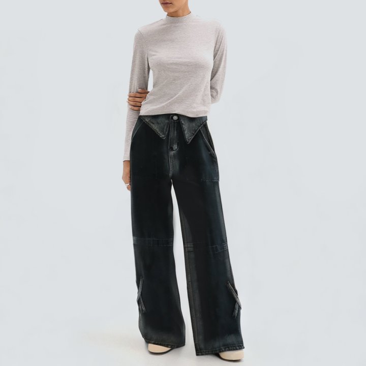 Fashionable patchwork wide-leg women's denim trousers