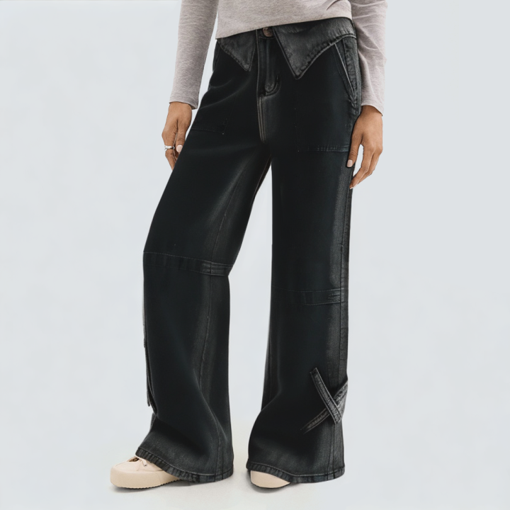 Fashionable patchwork wide-leg women's denim trousers