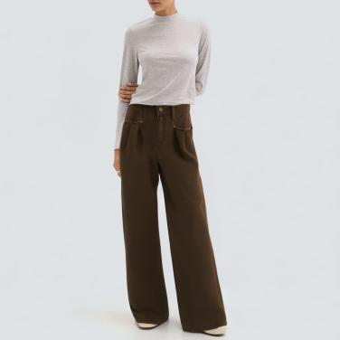 Brown wide-leg loose denim trousers for women