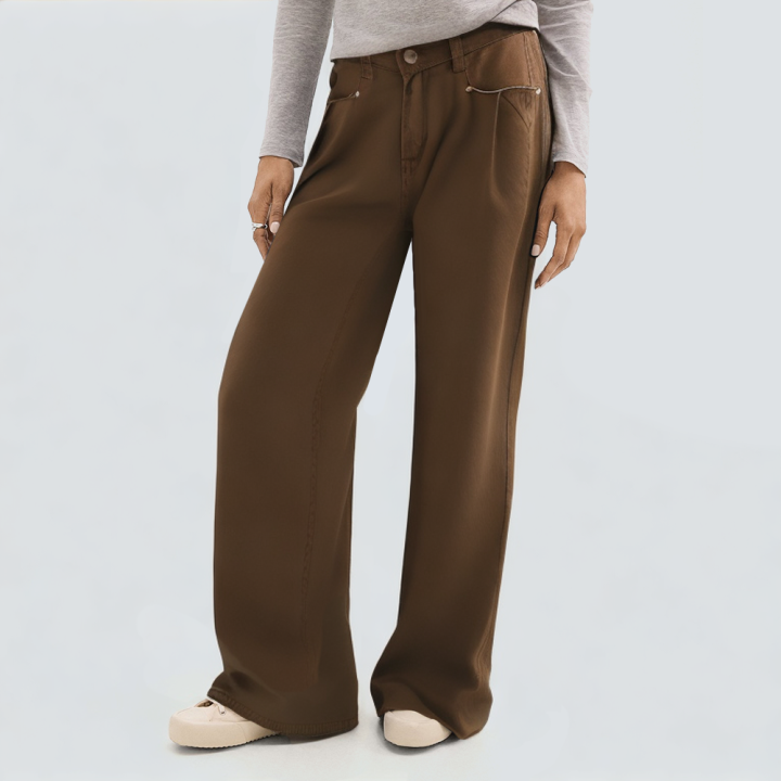 Brown wide-leg loose denim trousers for women