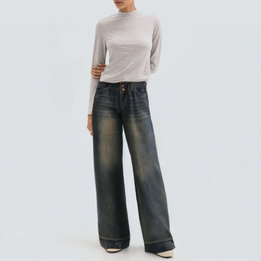 Washed faded loose fit women's denim trousers