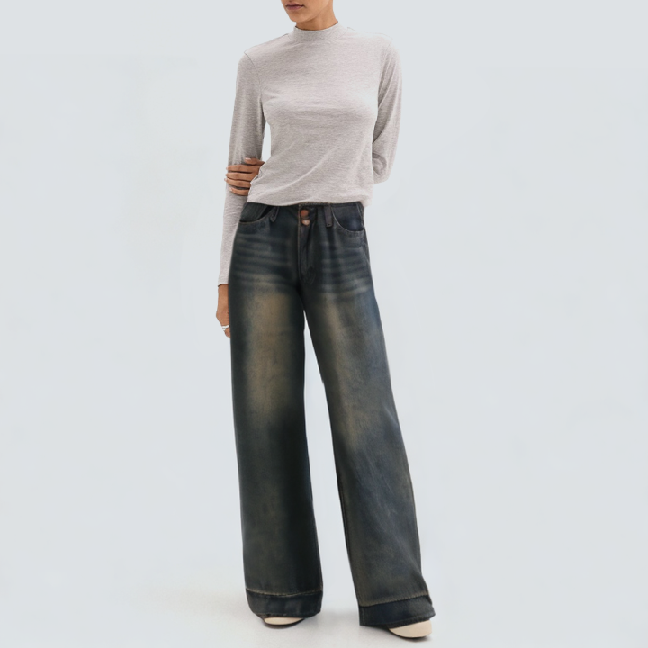 Washed faded loose fit women's denim trousers