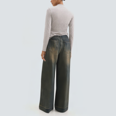 Washed faded loose fit women's denim trousers