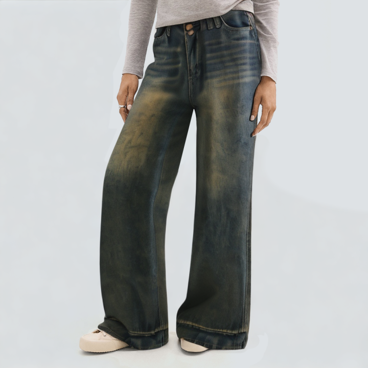 Washed faded loose fit women's denim trousers