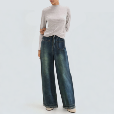 Blue washed wide leg women's denim trousers