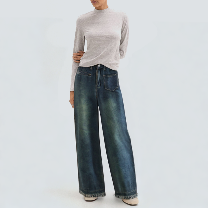 Blue washed wide leg women's denim trousers