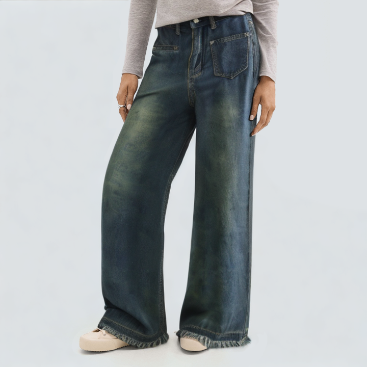 Blue washed wide leg women's denim trousers